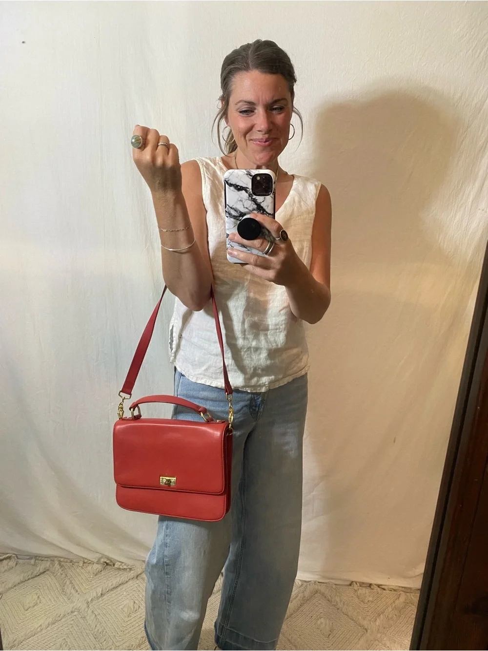 J. Crew Red Leather Top-Handle Satchel with Gold Hardware